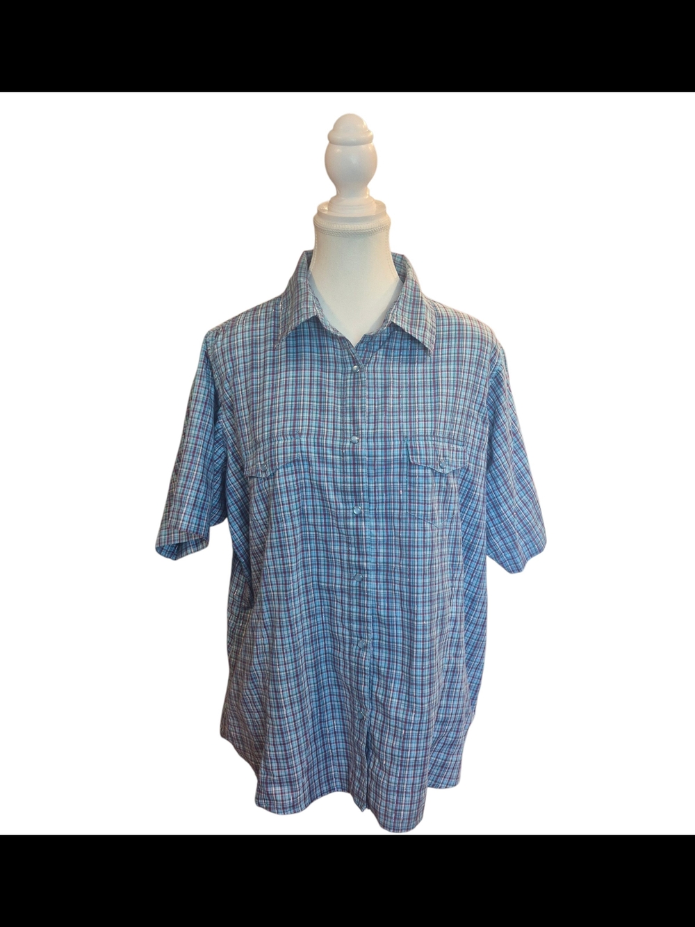 Wrancher By Wrangler Blue Multi-Check Short Sleeve Snap Button-Down Shirt
